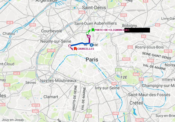 plan itinéraire ratp de Porte de Clignancourt à Courcelles