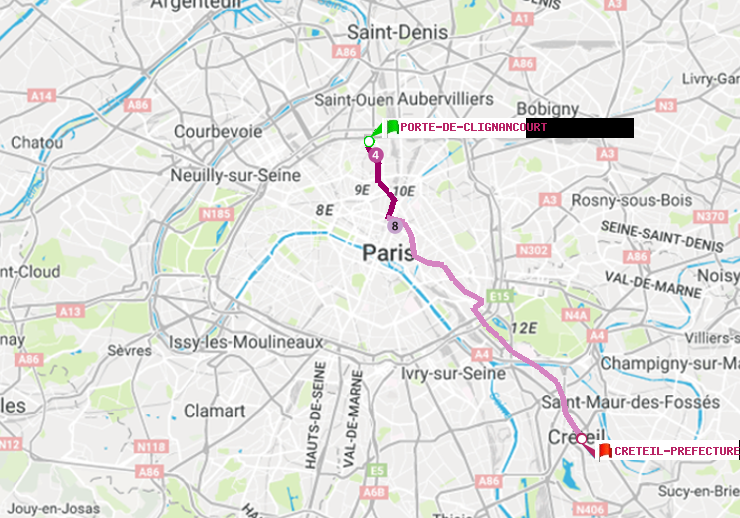 plan itinéraire ratp de Porte de Clignancourt à Créteil-Préfecture (Hôtel de Ville)