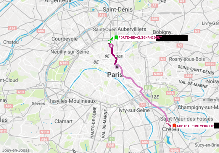 plan itinéraire ratp de Porte de Clignancourt à Créteil-Université