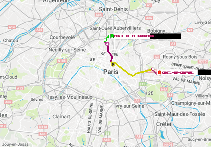 plan itinéraire ratp de Porte de Clignancourt à Croix-de-Chavaux (Jacques Duclos)