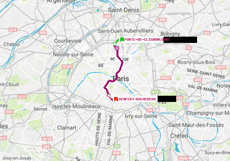 plan itinéraire ratp de Porte de Clignancourt à Denfert-Rochereau