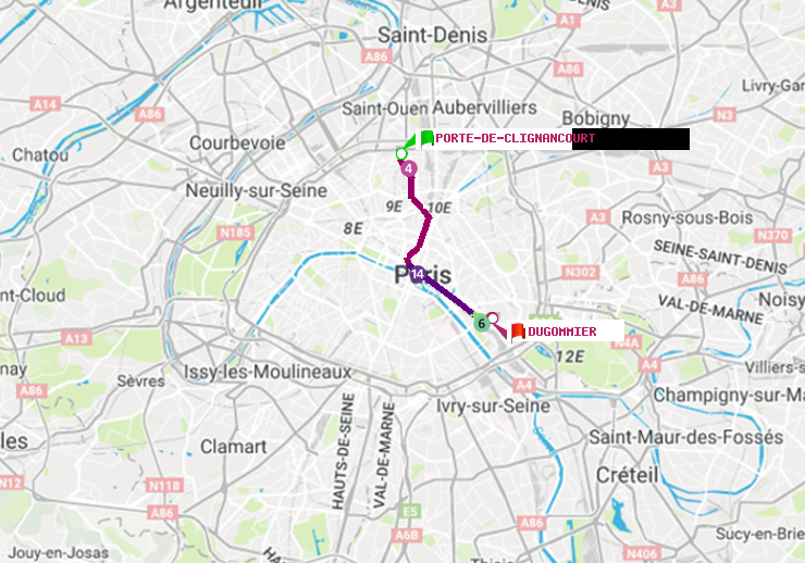 plan itinéraire ratp de Porte de Clignancourt à Dugommier