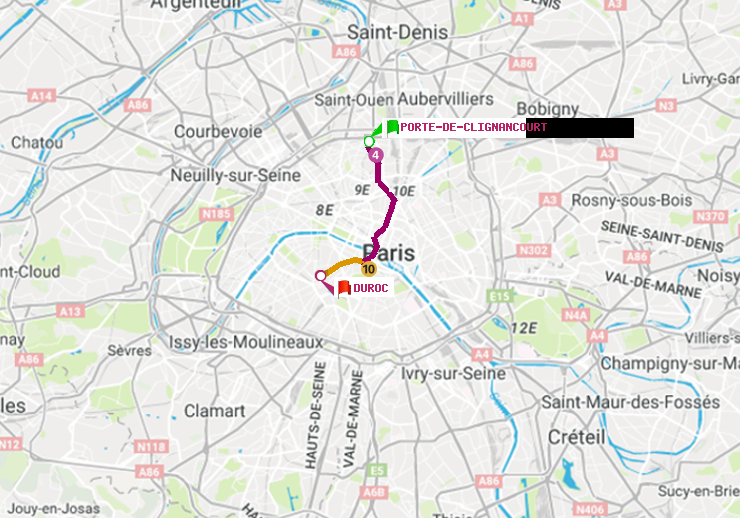 plan itinéraire ratp de Porte de Clignancourt à Duroc