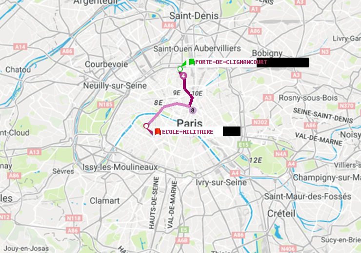 plan itinéraire ratp de Porte de Clignancourt à Ecole Militaire
