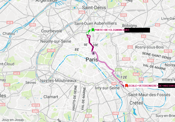 plan itinéraire ratp de Porte de Clignancourt à Ecole Vétérinaire de Maisons-Alfort