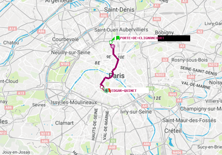 plan itinéraire ratp de Porte de Clignancourt à Edgar-Quinet