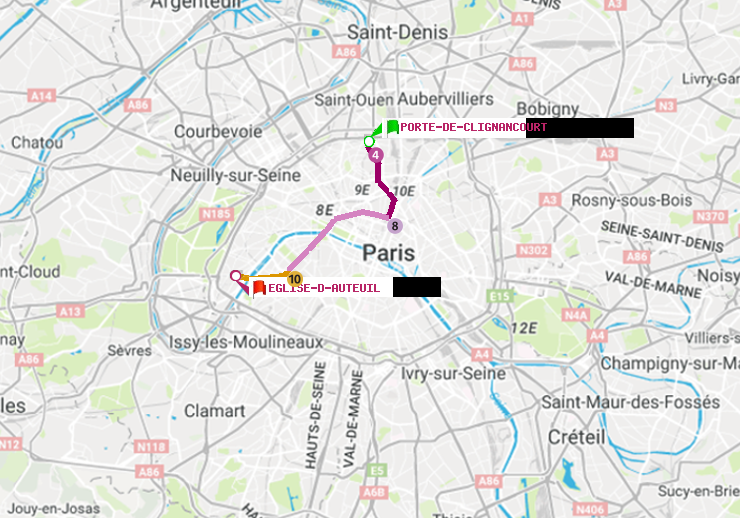 plan itinéraire ratp de Porte de Clignancourt à Eglise d