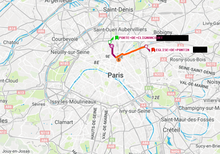 plan itinéraire ratp de Porte de Clignancourt à Eglise de Pantin