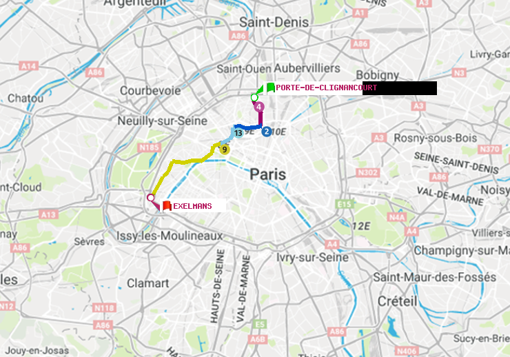 plan itinéraire ratp de Porte de Clignancourt à Exelmans