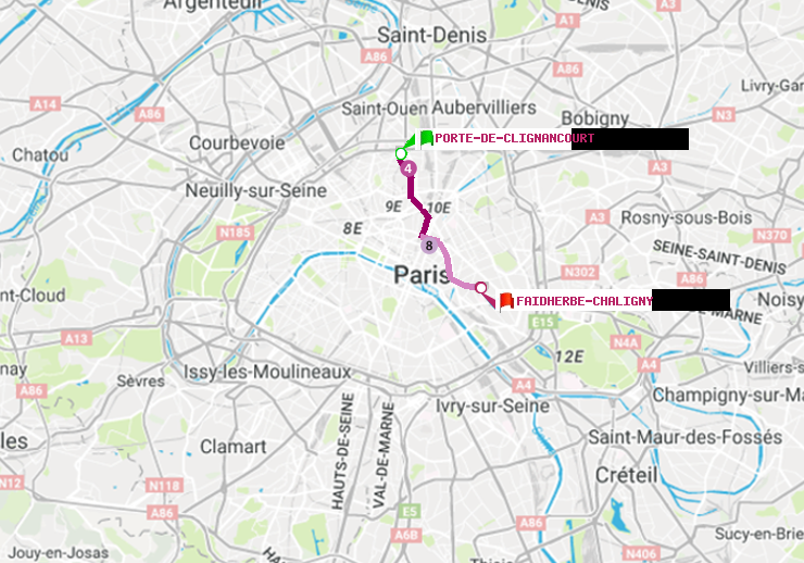 plan itinéraire ratp de Porte de Clignancourt à Faidherbe-Chaligny