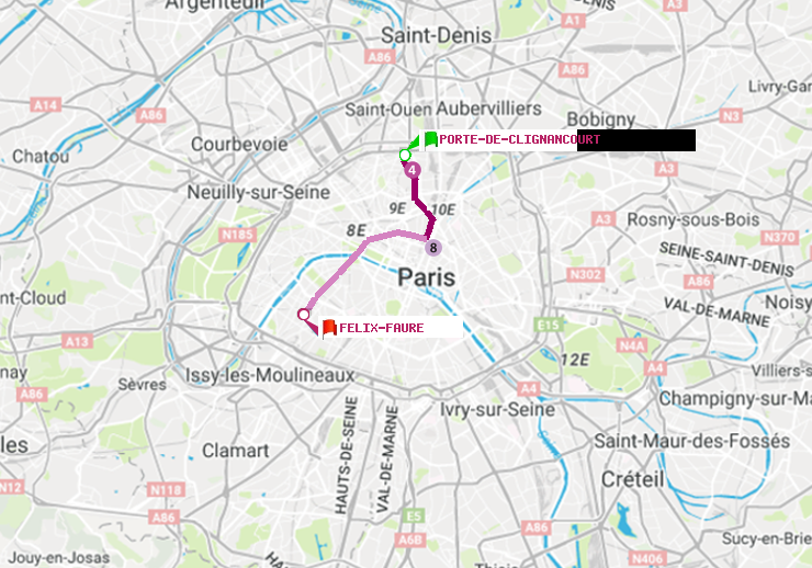 plan itinéraire ratp de Porte de Clignancourt à Félix Faure