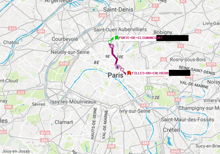 plan itinéraire ratp de Porte de Clignancourt à Filles du Calvaire