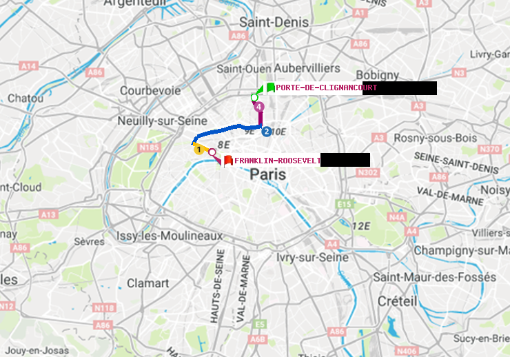 plan itinéraire ratp de Porte de Clignancourt à Franklin-Roosevelt