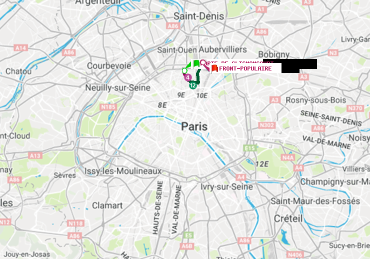 plan itinéraire ratp de Porte de Clignancourt à Front Populaire