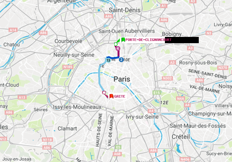 plan itinéraire ratp de Porte de Clignancourt à Gaité