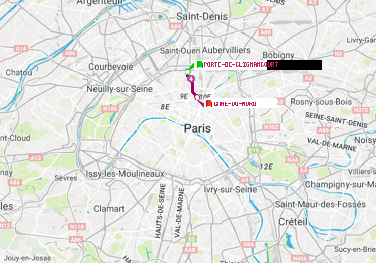 plan itinéraire ratp de Porte de Clignancourt à Gare du Nord