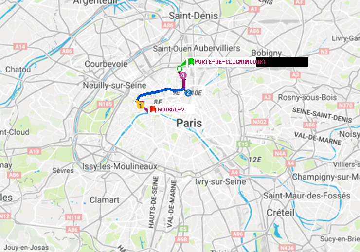 plan itinéraire ratp de Porte de Clignancourt à George V