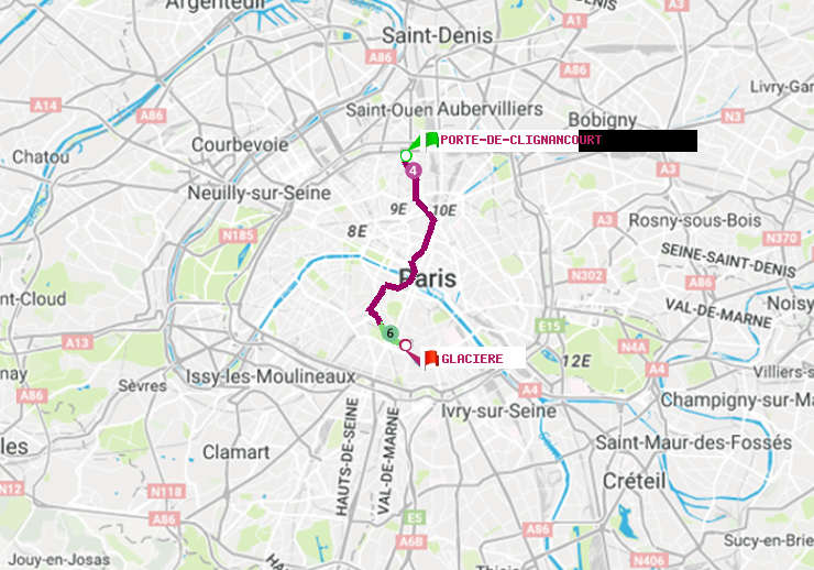 plan itinéraire ratp de Porte de Clignancourt à Glacière