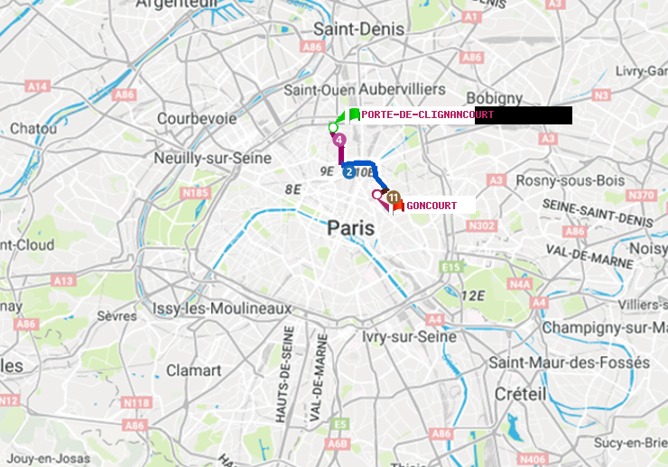 plan itinéraire ratp de Porte de Clignancourt à Goncourt (Hôpital Saint-Louis)
