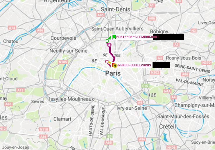 plan itinéraire ratp de Porte de Clignancourt à Grands Boulevards