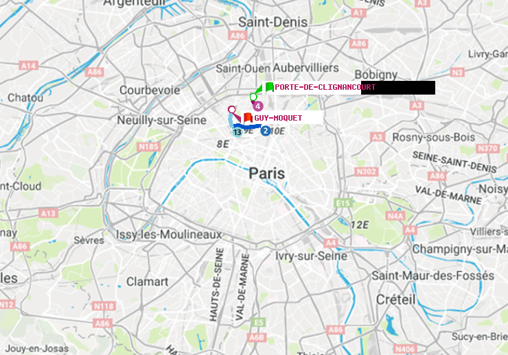 plan itinéraire ratp de Porte de Clignancourt à Guy-Môquet
