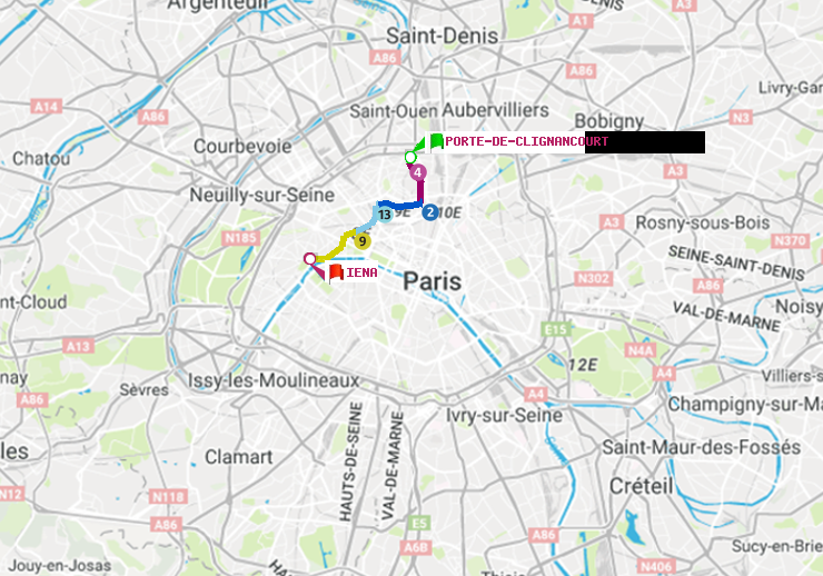 plan itinéraire ratp de Porte de Clignancourt à Iéna
