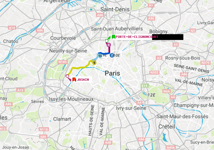 plan itinéraire ratp de Porte de Clignancourt à Jasmin