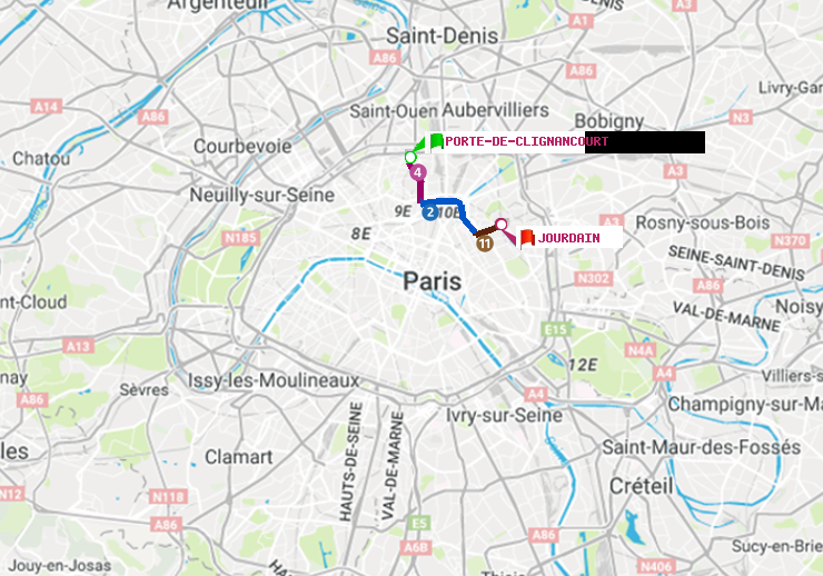 plan itinéraire ratp de Porte de Clignancourt à Jourdain