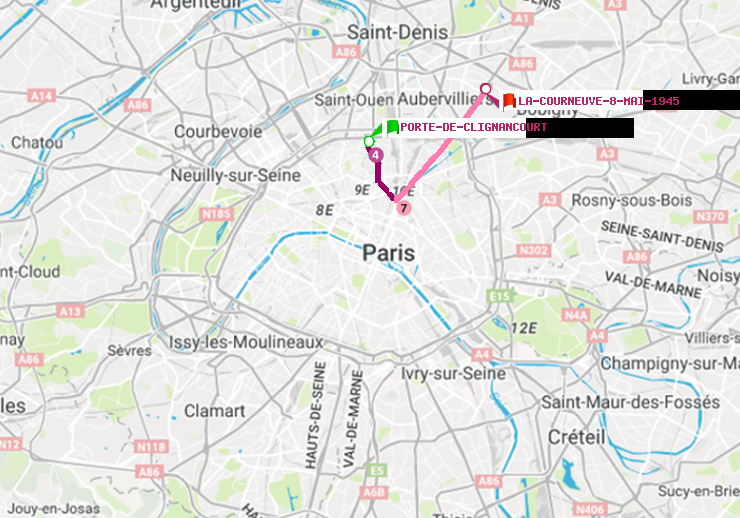 plan itinéraire ratp de Porte de Clignancourt à La Courneuve-8-Mai-1945