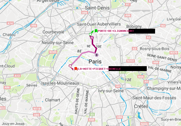 plan itinéraire ratp de Porte de Clignancourt à La Motte-Picquet-Grenelle