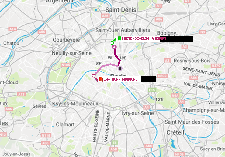 plan itinéraire ratp de Porte de Clignancourt à La Tour-Maubourg