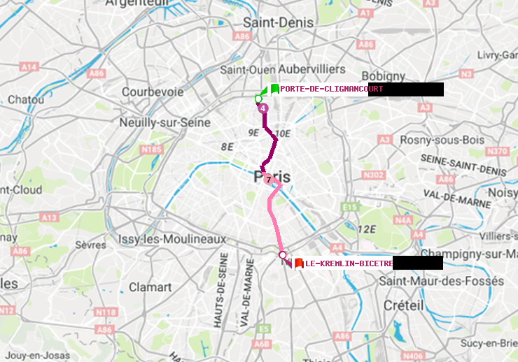 plan itinéraire ratp de Porte de Clignancourt à Le Kremlin-Bicêtre