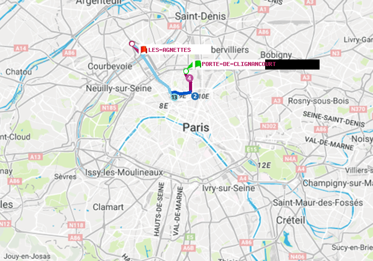 plan itinéraire ratp de Porte de Clignancourt à Les Agnettes