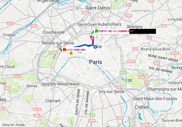 plan itinéraire ratp de Porte de Clignancourt à Les Sablons (Jardin d