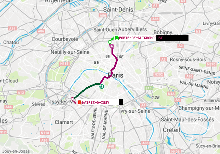 plan itinéraire ratp de Porte de Clignancourt à Mairie d