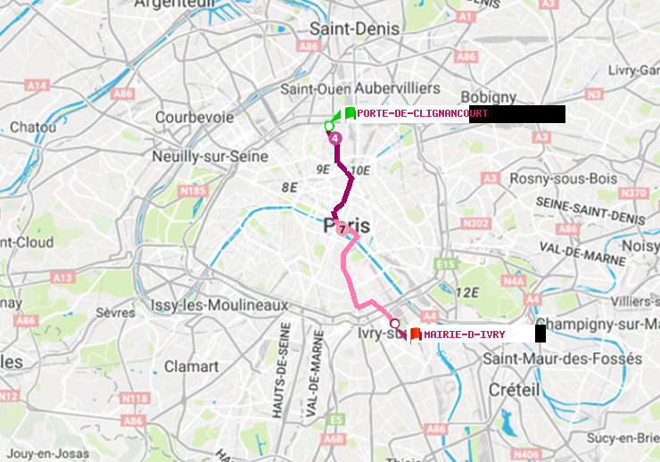 plan itinéraire ratp de Porte de Clignancourt à Mairie d