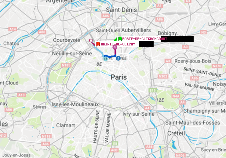 plan itinéraire ratp de Porte de Clignancourt à Mairie de Clichy