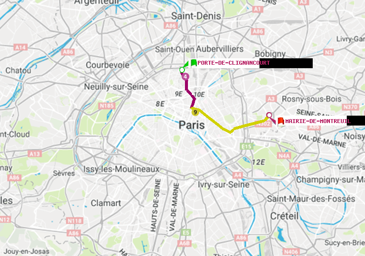 plan itinéraire ratp de Porte de Clignancourt à Mairie de Montreuil
