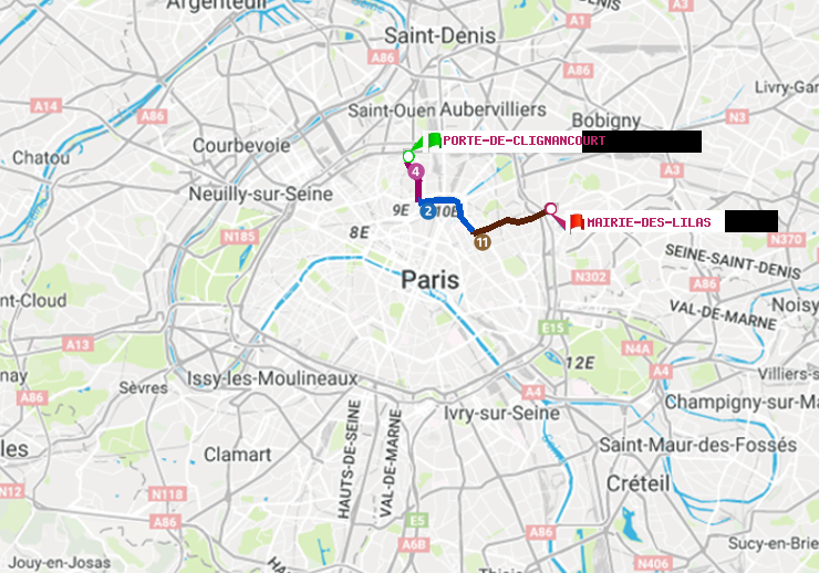 plan itinéraire ratp de Porte de Clignancourt à Mairie des Lilas