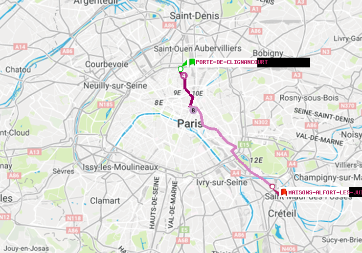 plan itinéraire ratp de Porte de Clignancourt à Maisons-Alfort-Les Juilliottes