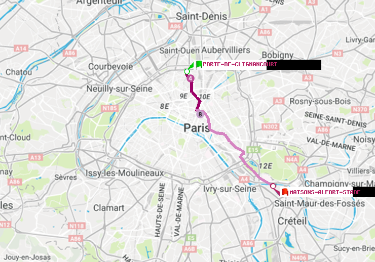 plan itinéraire ratp de Porte de Clignancourt à Maisons-Alfort-Stade