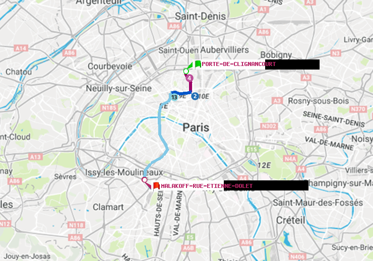 plan itinéraire ratp de Porte de Clignancourt à Malakoff-Rue Etienne Dolet