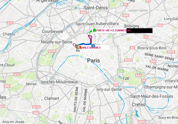plan itinéraire ratp de Porte de Clignancourt à Malesherbes