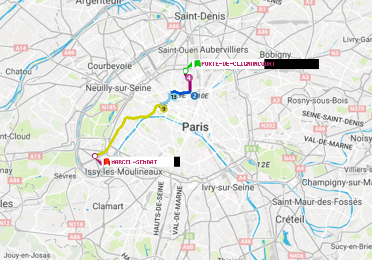 plan itinéraire ratp de Porte de Clignancourt à Marcel Sembat