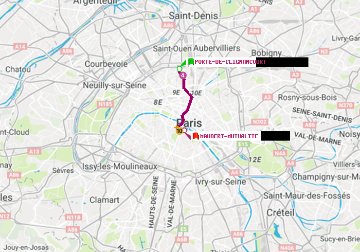 plan itinéraire ratp de Porte de Clignancourt à Maubert-Mutualité