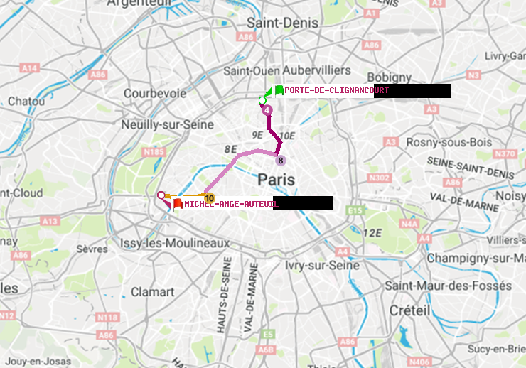plan itinéraire ratp de Porte de Clignancourt à Michel-Ange-Auteuil