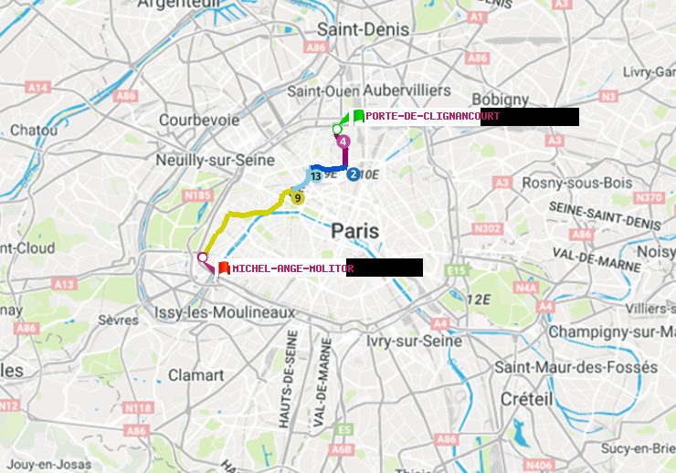 plan itinéraire ratp de Porte de Clignancourt à Michel-Ange-Molitor