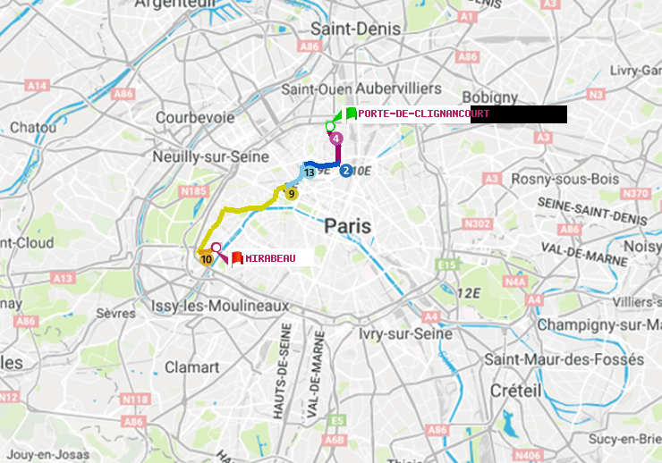 plan itinéraire ratp de Porte de Clignancourt à Mirabeau