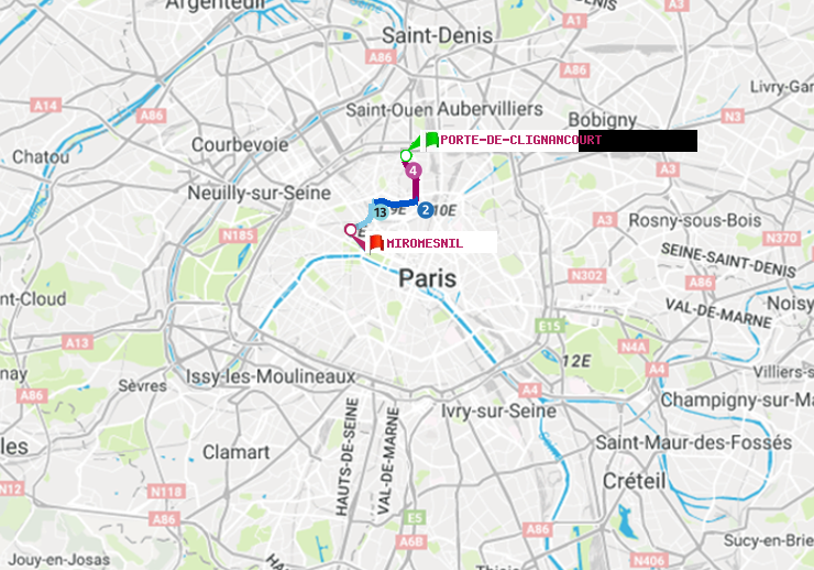 plan itinéraire ratp de Porte de Clignancourt à Miromesnil