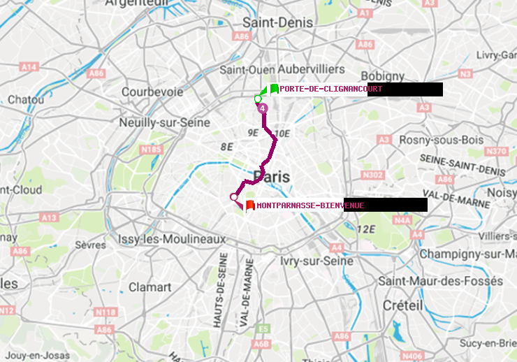 plan itinéraire ratp de Porte de Clignancourt à Montparnasse-Bienvenue